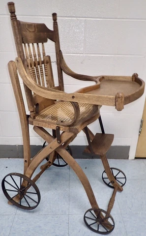 Antique Oak Wood Child's High Chair And Stroller Carriage Combination Cover