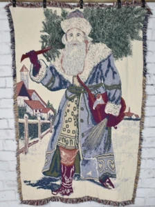 Vintage Father Christmas Santa Heavy Cotton Woven Tapestry Blanket Throw - Picture 1 of 7