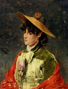 Oil painting Alfred Stevens - femme ay chapeau de paille Woman's straw hat art - Picture 1 of 1