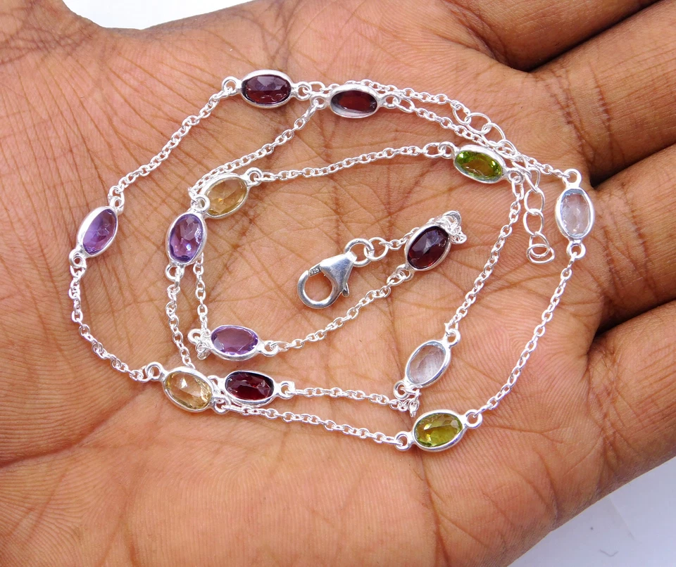 Multi Taglio Gemma 925 Argento Sterling Sottile Collane,Granato,Smeraldo Collana - Immagine 1 di 1