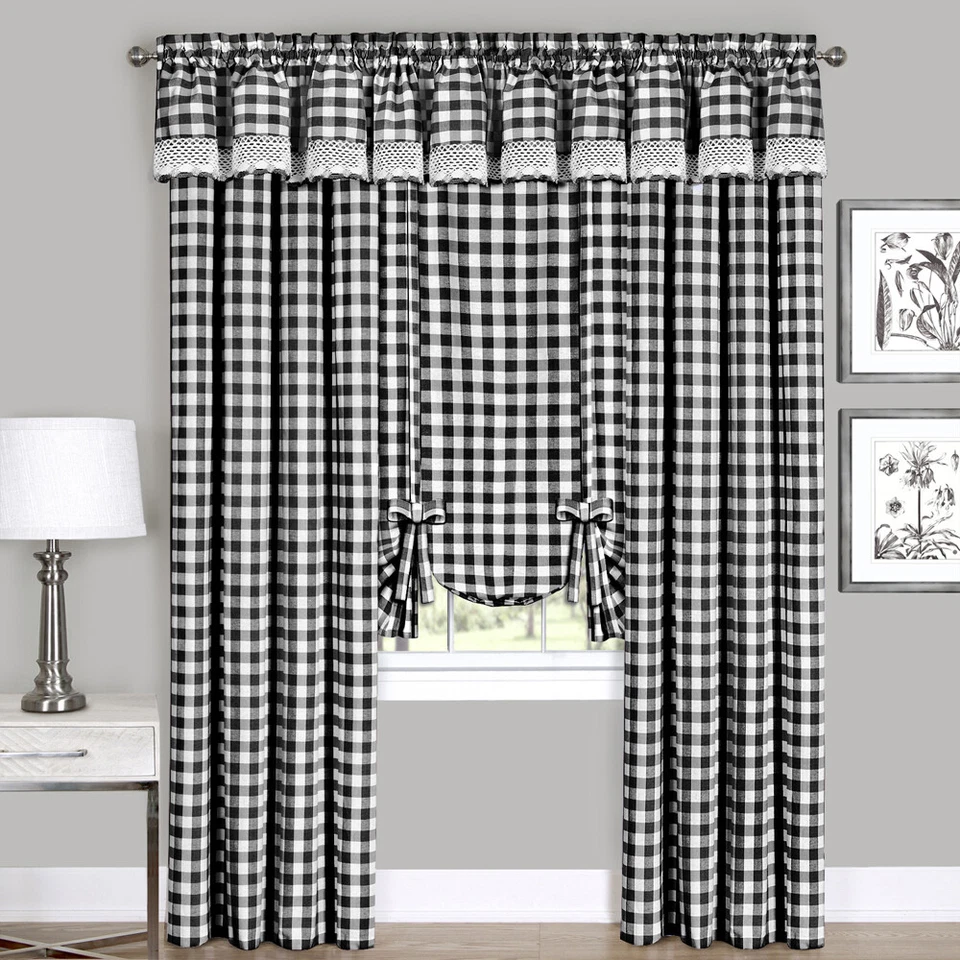 Cortinas de ventana de cocina de guinga a cuadros negras panel cenefa pantalla Foto 1 de 4