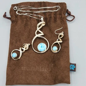 Marahlago DANTE Sterling Silver Larimar White Sapphire Necklace 18" & Earrings - Picture 1 of 21