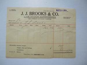 LOUISVILLE LETTERHEAD: INVOICE J.J. BROOKS AND CO BOURBON STOCK YARDS - Picture 1 of 2