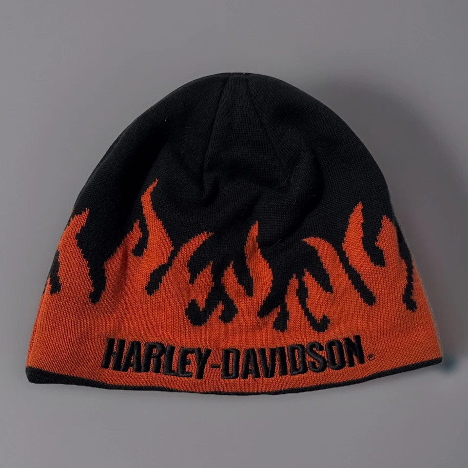 Harley Davidson All Over Beanie Flame Fire Black Orange Men Hat Bike Cap - Image 1 of 4