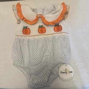 Girls Boutique Polka Dot Pumpkin Smocked Bubble Romper Collared    3 Month - Picture 1 of 4