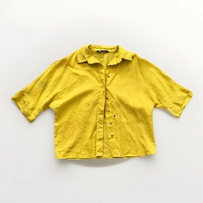 Zara Womens Shirt Small Yellow Linen Short Sleeve Button Painter Artsy FLAWED - Image 1 of 4