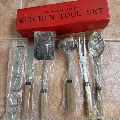 Vintage Stainless Steel Kitchen Tool Set 5 Utensils W/Hanging Rack Spatula Japan - Image 1 of 4