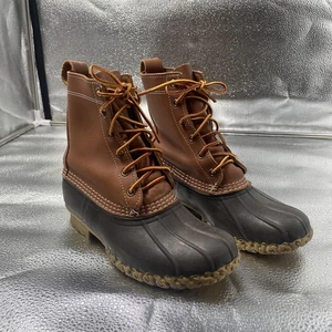 LL BEAN Duck Boots Women’s Sz 7 Waterproof 8” High Brown Leather Rubber USA - Picture 1 of 7