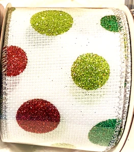 Red Green & Lime Glitter Dots 2.5" by 2 yd on White Woven Wired Ribbon Christmas - Picture 1 of 2