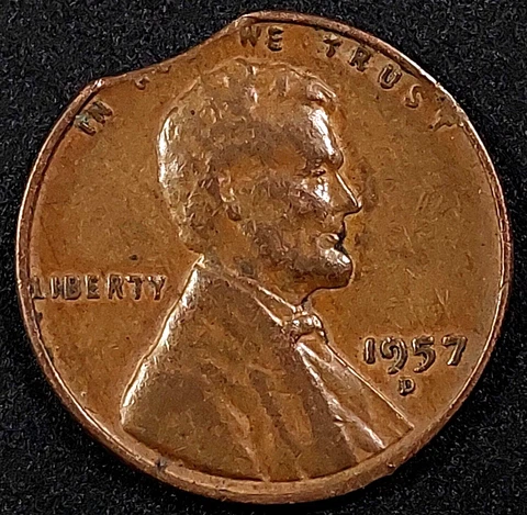 1957 D Lincoln Cent, US Mint error coin! Clipped planchet! Cover