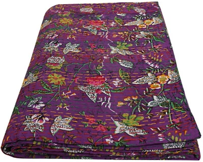 Indian Handmade HandStitch Cotton Paradise Kantha Quilt Throw Reversible Blanket - Image 1 of 2