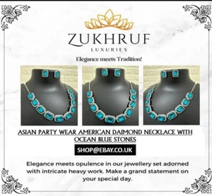 Asian/indian Party Wear American Diamond Necklace With Ocean Blue Stones Wedding - Picture 1 of 16