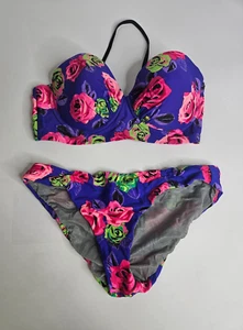 Betsey Johnson Y2k Ladies Size Large Floral Bikini Swimsuit Strapless Push Up - Picture 1 of 7