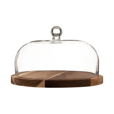 RAVENHEAD Cake Cheese Board 26cm Clear Glass Dome Cover Acacia Wood Food Storage Display