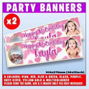 2x PERSONALISED PHOTO BANNER BANNERS BIRTHDAY CHRISTENING ANY EVENT PARTY PINKLH - Picture 1 of 19