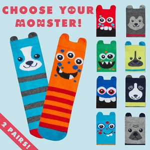 * 2 Pairs Childrens Boys Funky Funny Cool Monster Dog Ankle Socks with Ears Gift - Picture 1 of 7