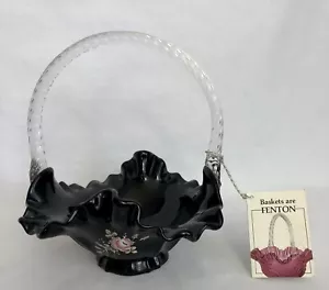 Cesta de ébano negra de vidrio artístico Fenton / pintada a mano y firmada por el artista - Imagen 1 de 6