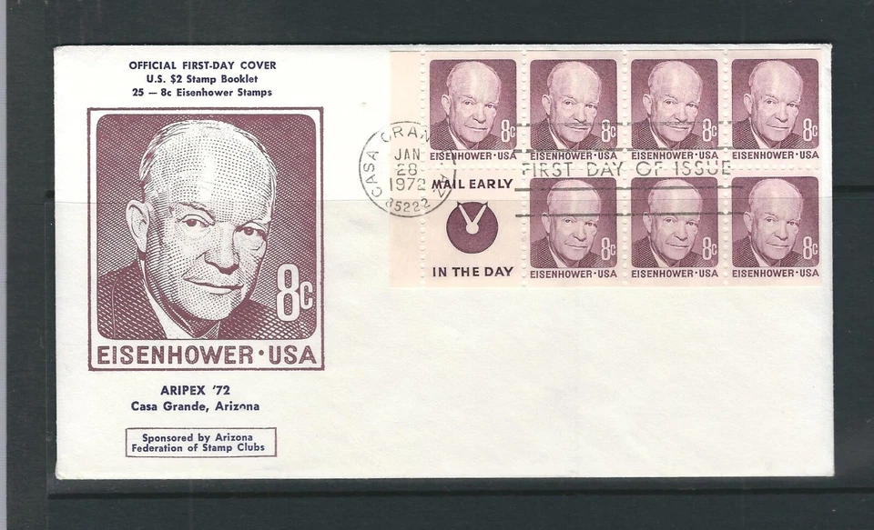 USA SC # 1395d Eisenhower Booklet pane of 7 plus label . Aripex '72 cachet.... - Image 1 of 1