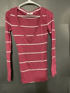 Aeropostale Maroon/white Striped V-neck Sweater - Womens Size Small - Picture 1 of 11