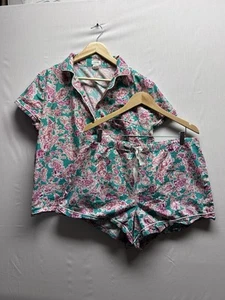 J Crew Damen XL Popeline Blumenmuster grün rosa 2-teiliges Pyjama Set Shorts - Bild 1 von 13