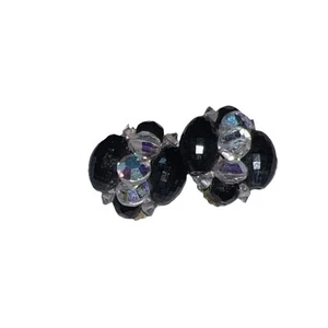 Black and Clear Crystal Clip On Earrings 1990s Glass Beads Elegant Vintage 90s - Picture 1 of 24