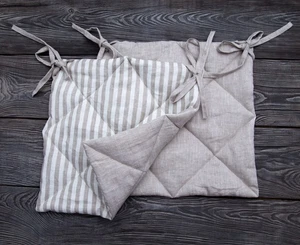 Set 2 Two-Sided Linen quilted Seat Pad With Ties Heather Stripe Beige - Picture 1 of 15