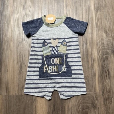 NWT Mud Pie Fishing Bucket Shortall 3-6 Months Baby Boy - Image 1 of 4
