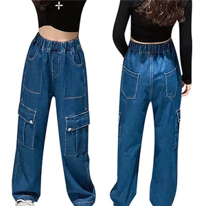 Girls Jeans High Waist Denim Pants Party Trousers Kids Dancewear Birthday Cargo - Picture 1 of 22