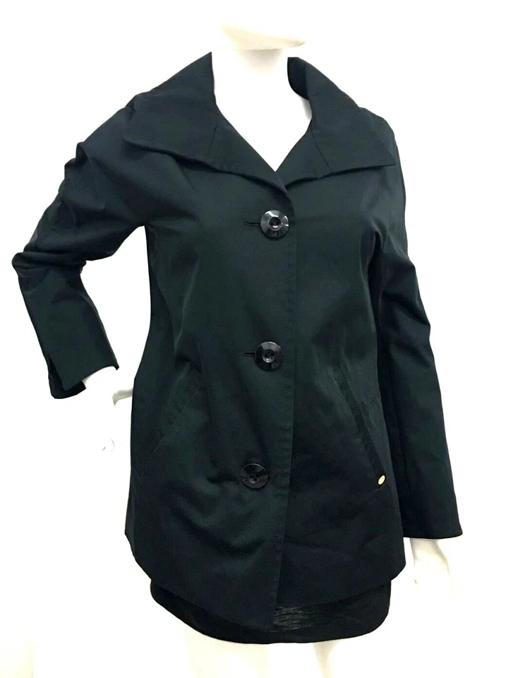 Ellen Tracy 和服前纽扣闭合 A 字黑色雨衣风衣 XS 码 — 第 1/4 张图片