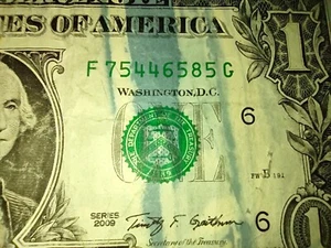 SELTENER FARBFEHLER 2009 ONE DOLLAR FEDERAL RESERVE NOTE. - Bild 1 von 11