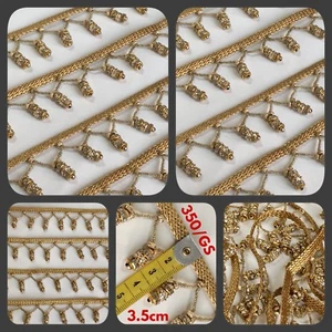 3 Yard Gold Fransen Sari Bordüre Brautkleid Spitze zum Aufnähen Kristall Borte Quaste 3,5 cm - Bild 1 von 9