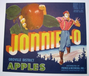 Original JONNIE-O etiqueta de caja de manzana Prince & Wiewora Oroville WA leñador sonriente - Imagen 1 de 1