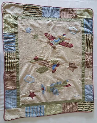 Baby Martex Blanket 36x44" Planes Beige Fleece Nursery Bedding Quilted Patchwork - Image 1 of 4