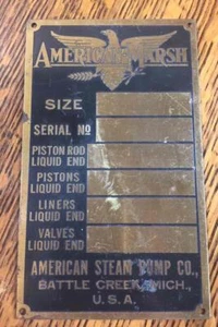Vintage American-Marsh Steam Pump Co. Battle Creek Michigan Machine ID Tag Plate - Picture 1 of 4