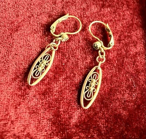 Vintage French Rolled Rose Gold Earrings - Art Nouveau - Lever Back- Dangle Drop - Picture 1 of 7