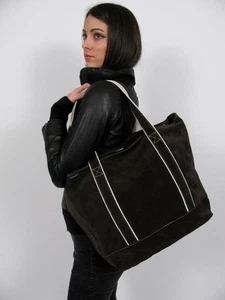 LANDS' END BAG BROWN SUEDE LEATHER SHOPPER WEEKENDER TRAVEL PURSE CANVAS TOTE - Picture 1 of 12