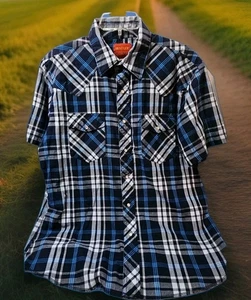Rustler Mens L Shirt Western Blue Pearl Snap Button Short Sleeve Extra Long Tail - Picture 1 of 10