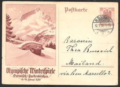 Германия 15pf зимние Олимпийские почтовые открытки M. Gladbach в Милан, Италия, обложка 1936 - Изображение 1 из 2