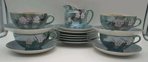 Lusterware Teal Green Peach Tea Cups Saucers Creamer Plate Cherry Blossom 15 Pc - Picture 1 of 15