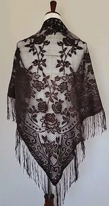 Vintage braun Tuch Halstuch Schal Fransen Blumen Whimsigoth Fee Grunge Western - Bild 1 von 9
