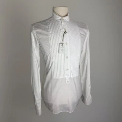 Camisa ajustada ELEVENTY gola mandarim branca plissada algodão e mistura RRP: £ 230 - Imagem 1 de 4