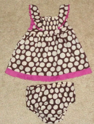 Genuine Baby Girls Dress Beige Brown Pink Polka Dots Diaper Cover Size 3 Months - Image 1 of 3