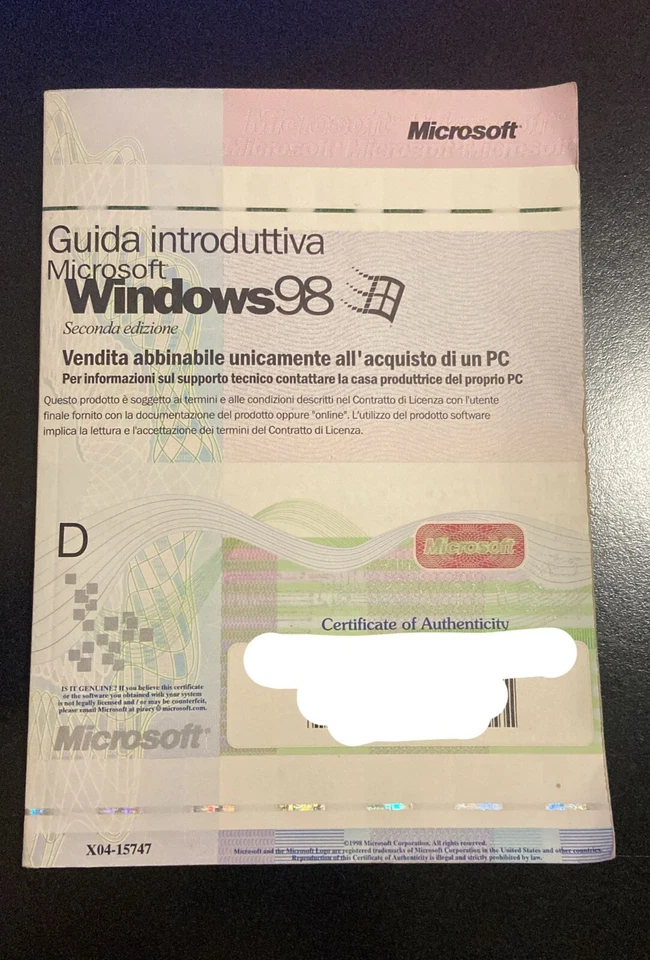 LICENZA MICROSOFT WINDOWS 98 SECONDA EDIZIONE (NO CD) usata - Immagine 1 di 1