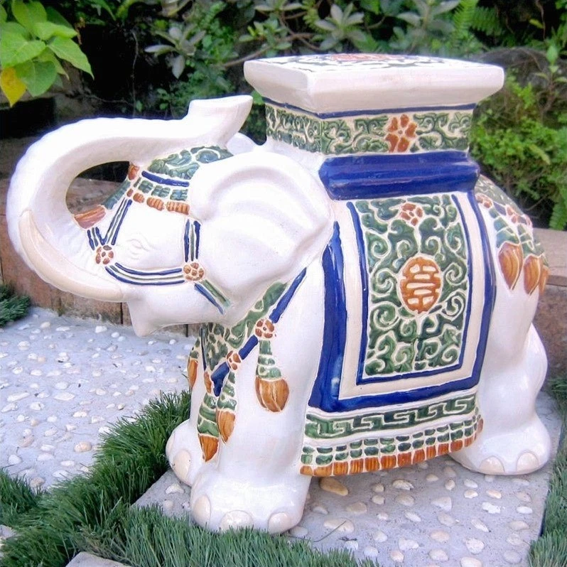 International Caravan White Mix Large Porcelain Elephant Garden Stool