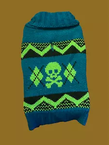 Dog Sweater Skull & Crossbones Zig Zag Pattern Size Small NWT Blue & Neon Green - Picture 1 of 3