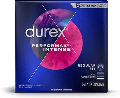 Condones de látex acanalados Durex Performax Intense Climax Control + estuche de bolsillo de latón. Foto 1 de 4