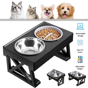 Pet Cat Dog Feeding Double Bowls Raised Elevated Feeder Dog Bowl Stand 2 Bowls - Picture 1 of 12