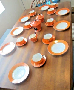 Antique Union T Czechoslovak Orange Lusterware 27 Piece Tea Set - Picture 1 of 12