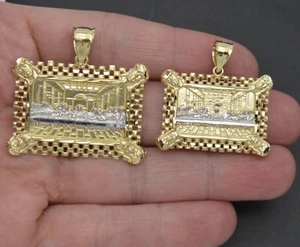 Real 10K Solid Yellow Gold Shiny Rectangle Railroad Last Supper Jesus Pendant - Picture 1 of 9