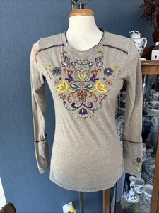 Double D Ranch Sz S Shirt Womens Gray Embroidered Embellished Boho Western - Picture 1 of 13